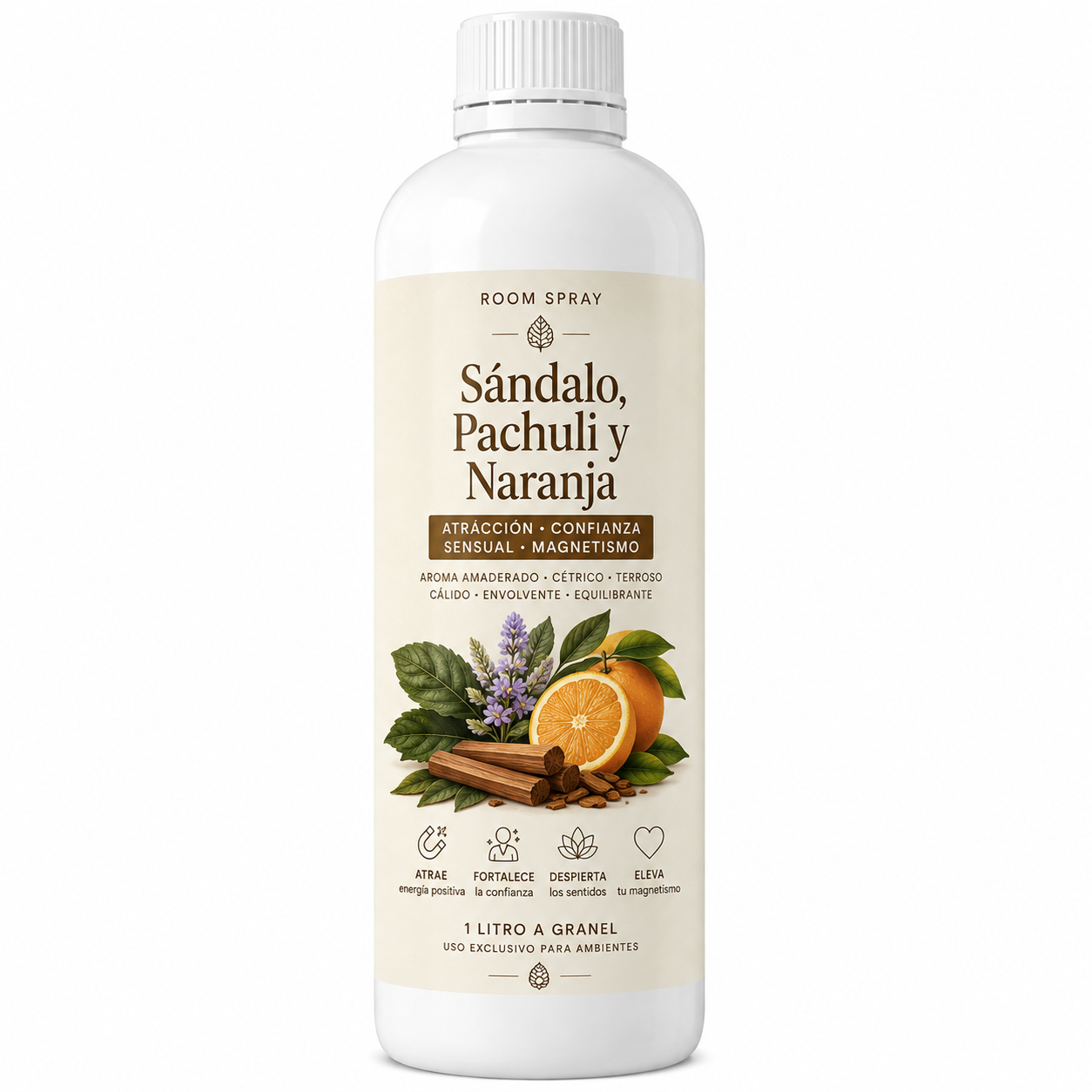 Room Spray de Sándalo, Pachuli y Naranja (Atracción/Confianza/Sensual/Magnetismo) (1Lt a Granel)