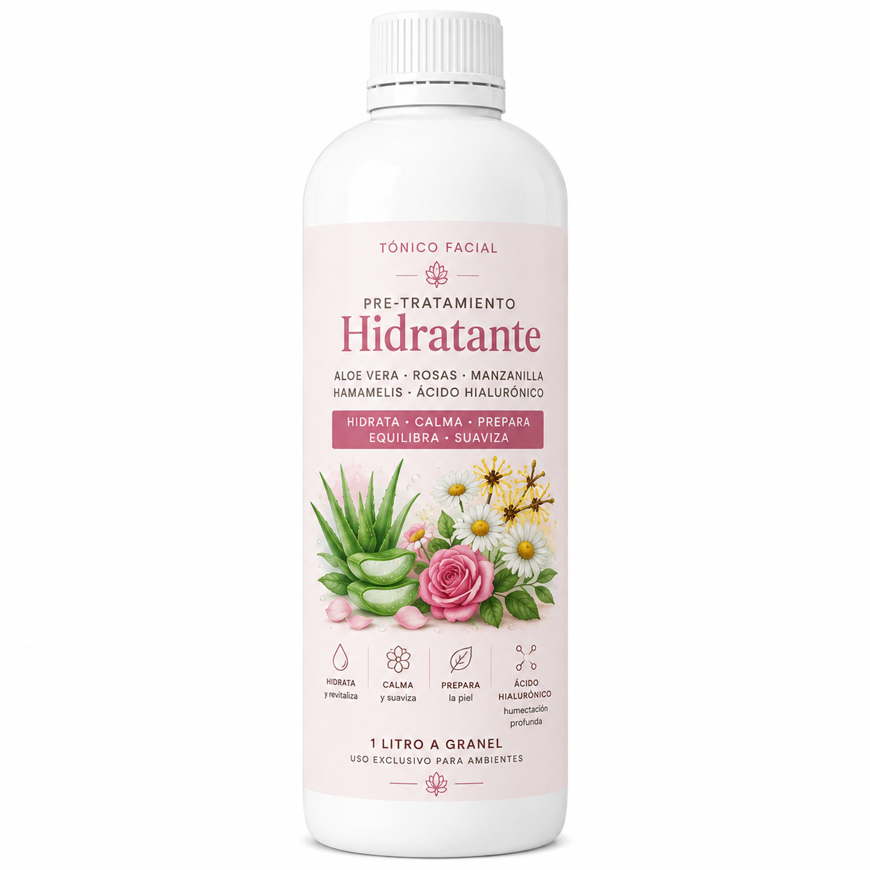 Tónico Facial Pre-Tratamiento Hidratante- Aloe Vera, Rosas, Manzanilla, Hamamelis y Ácido Hialurónico - 1lt a Granel
