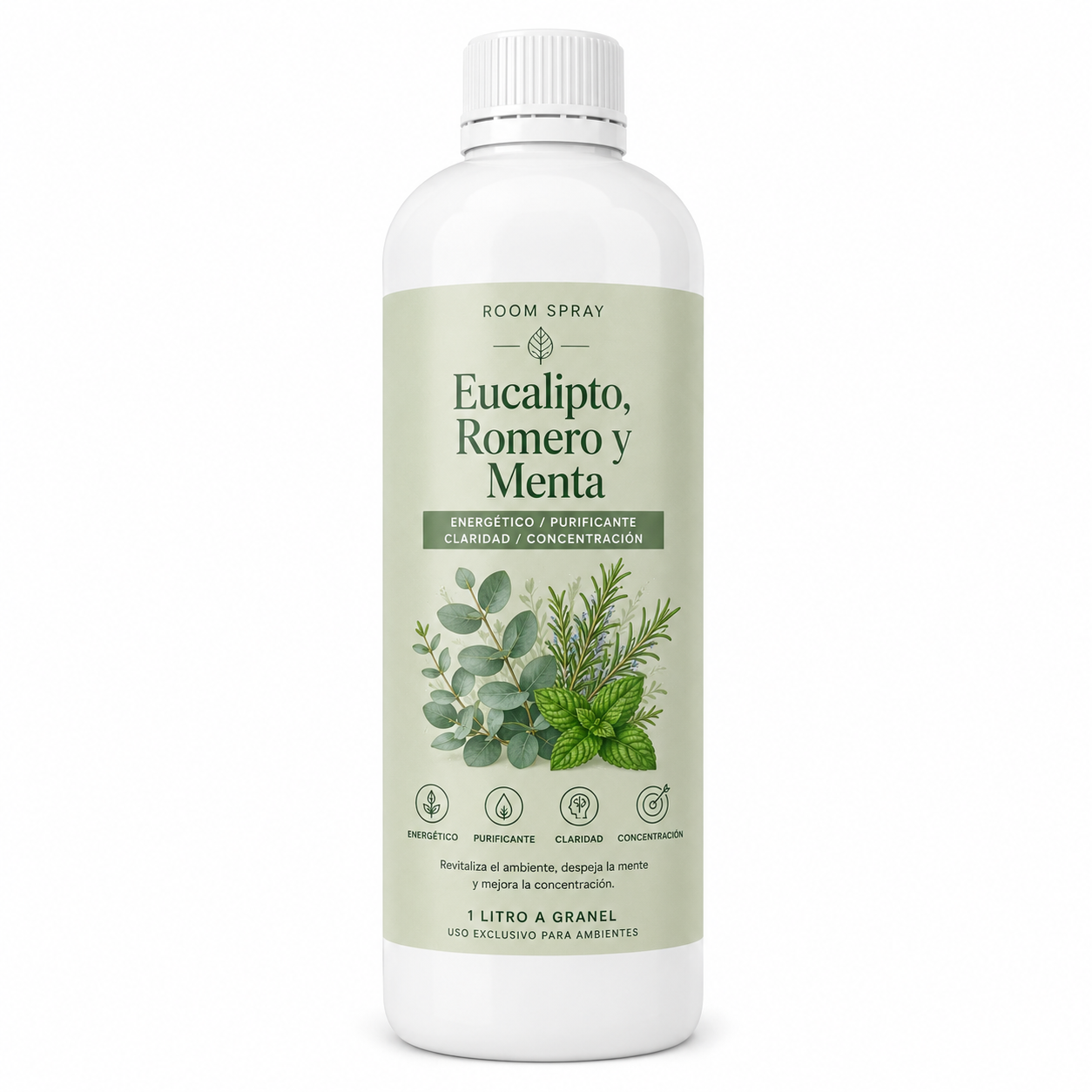 Room Spray de Eucalipto, Romero y Menta (Energético/Purificante/Claridad/Concentración) (1Lt a Granel)