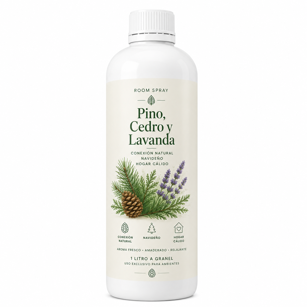 Room Spray de Pino, Cedro y Lavanda (Conexión Natural/Navideño/Hogar Cálido) (1Lt a Granel)