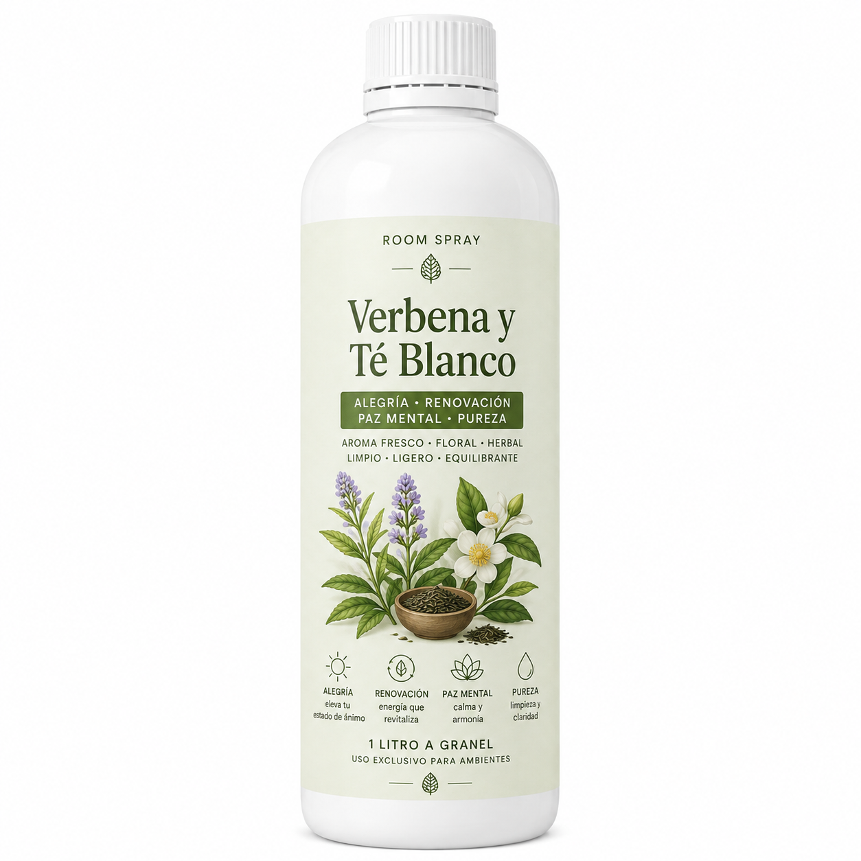 Room Spray de Verbena y Te Blanco (Alegría/Renovación/Paz Mental/Pureza) (1Lt a Granel)