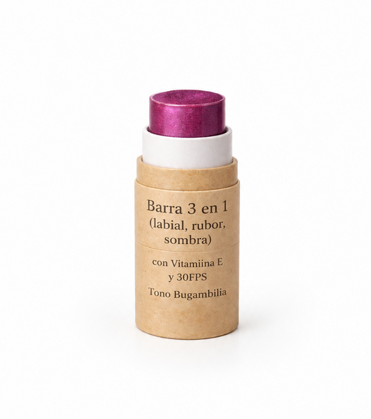 10 Barra 3 en 1 (labial, rubor sombra) con Vitamina E y 30FPS Tono Bugambilia