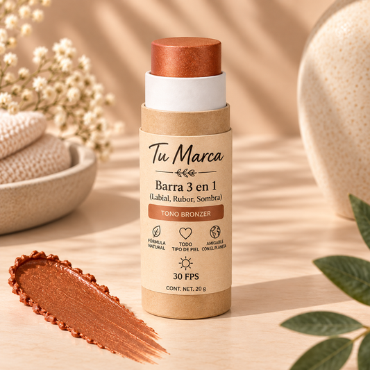 Barra 3 en 1 (labial, rubor sombra) con Vitamina E y 30FPS Tono Bronzer