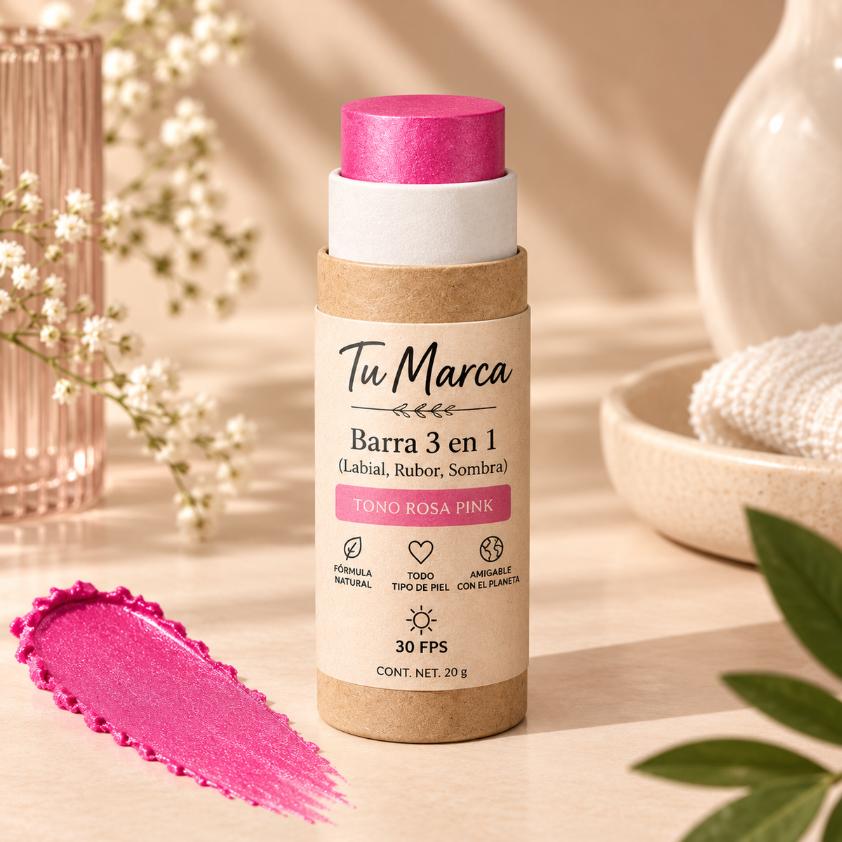 Barra 3 en 1 (labial, rubor sombra) con Vitamina E y 30FPS Tono Rosa Pink