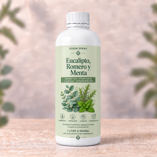 Room Spray de Eucalipto, Romero y Menta (Energético/Purificante/Claridad/Concentración) (1lt a Granel)