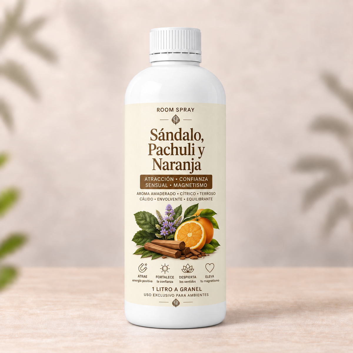 1 Litro Room Spray de Sándalo, Pachuli y Naranja (Sensual)