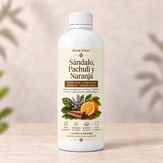 1 Litro Room Spray de Sándalo, Pachuli y Naranja (Sensual)